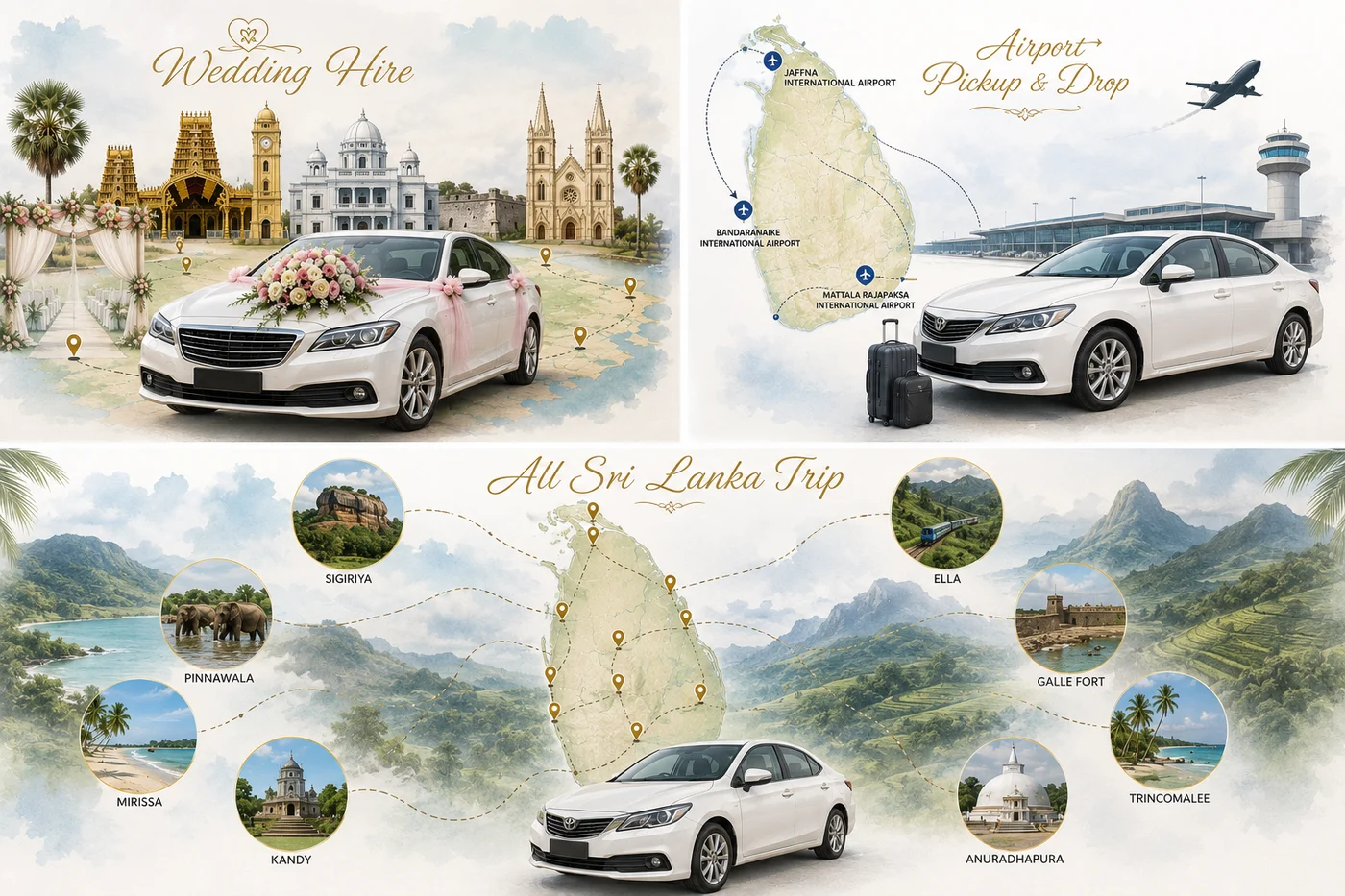 SR Cabs services — wedding hire, airport pickups and all-island trips across Sri Lanka